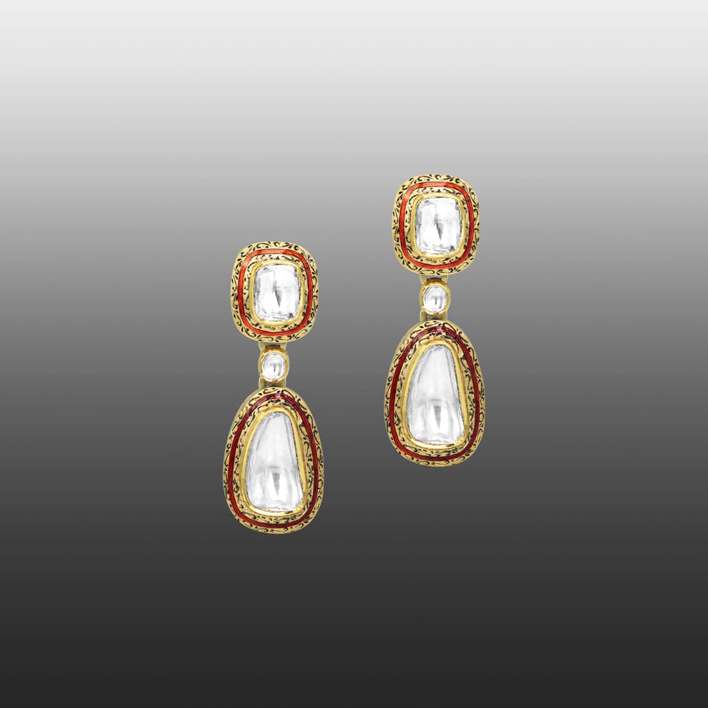 Uncut Diamond Polki Earrings with Red Enamel